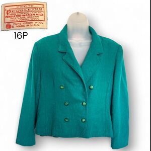 Vtg Pendleton 16P Petite 100% Virgin Wool Double Breasted Blazer Jacket Green
